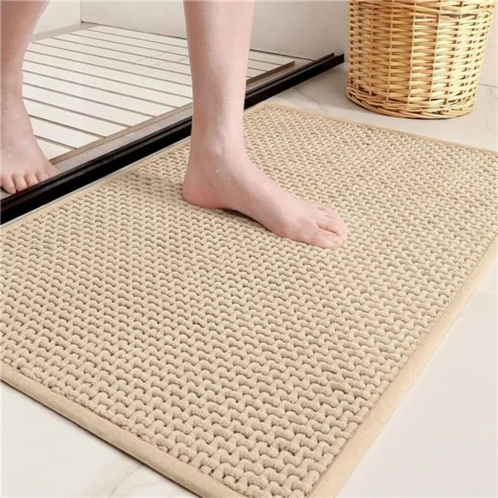 Beige Chenille Bathroom Rugs- Non Slip, Absorbent, Quick Dry, Thin, Washable
